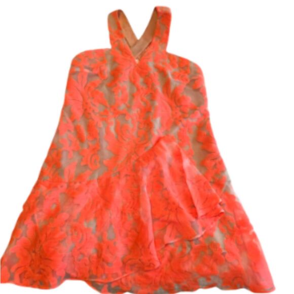CROSBY by Mollie Burch Dress Cross Back Nude Sheer Lace Neon Pink/Orange Zipper - Picture 4 of 6